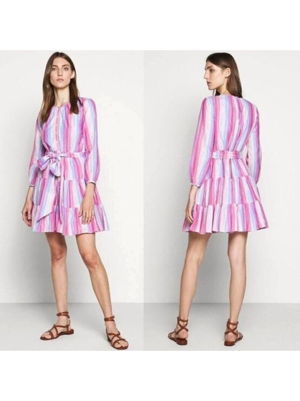 J. Crew Belted Button-up Dress Pastel Stripe Rainbow Pink Purple SZ M Party EUC